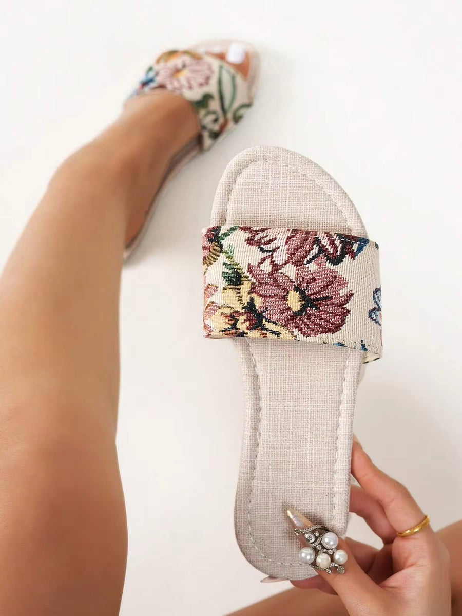 Flat Women Slippers Sandals, Minimalistic Elegant Flat Flower Printed Strap Slip-On,Spring Summer Outfits