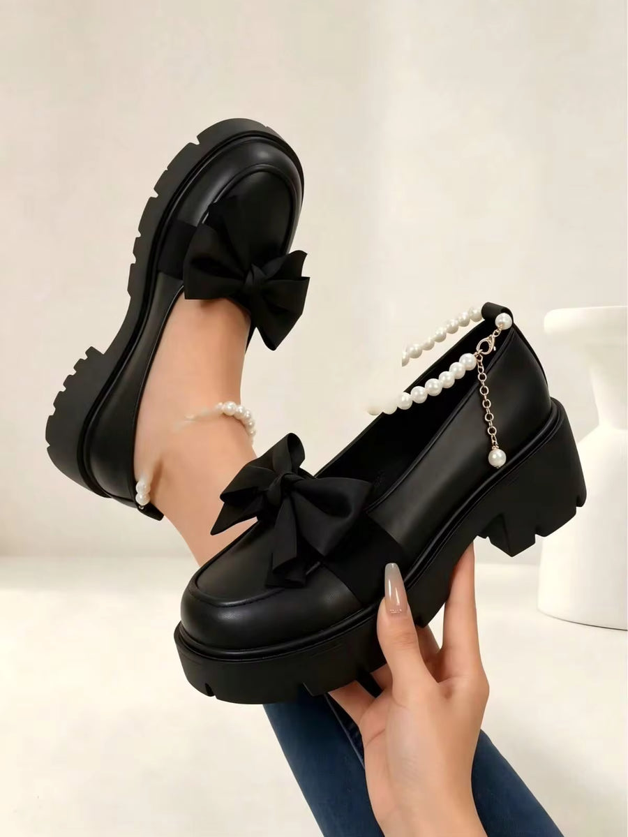 Geeyea Women's High-Heeled Flats, Thick Heel,Round Toe,With Pearl Ankle Strap And Bow Embellishment,Made Of PU Material,Suitable For Parties And EverydayWear